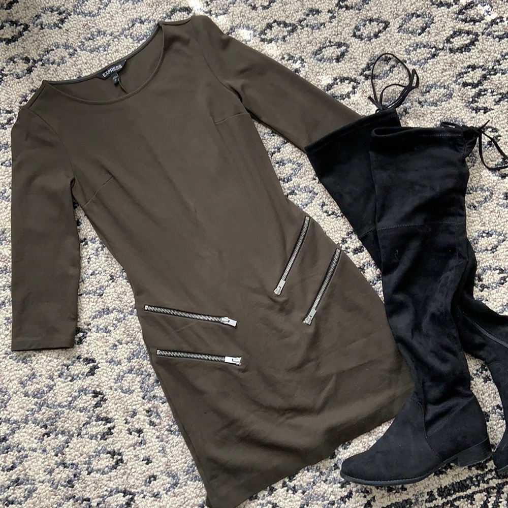 Express olive 3/4 mini dress with zippers xs